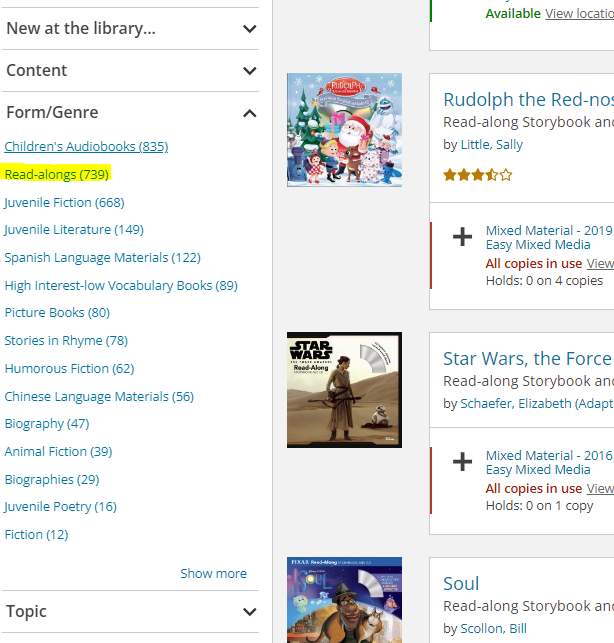 screenshot of filters on left side of screen that show readalongs under Form slash genre