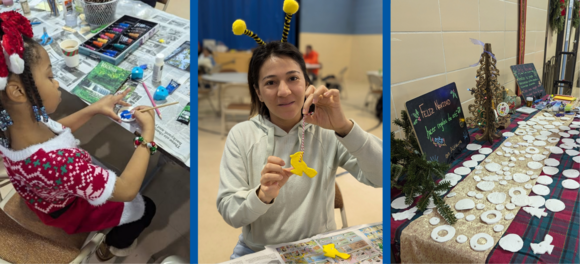 Collage of people making ornaments. 