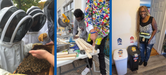 Green Partners projects - youth in bee suits, teens building with lumber, adult with waste bins