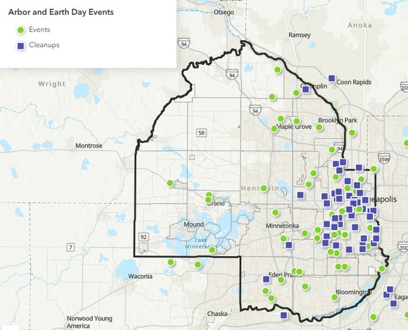Map showing where cleanups and other events are in Hennepin County