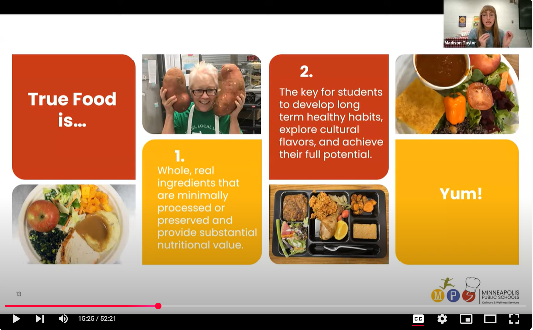 Screenshot from virtual meeting showing Madison presenting and a slide that reads: True food is: Whole, real ingredients.
