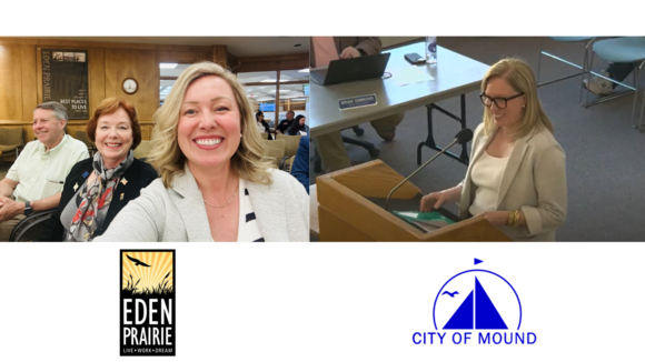 Heather and Cmsr. Debbie Goettel smile in a selfie at the Eden Prairie City Council meeting, and Heather smiles at the podium in Mound.