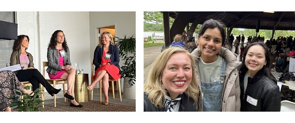 Two photos: on the left, Heather sits on the panel stage with two others, on the right, she poses for a selfie with two others at EAAA festival.