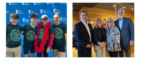 Left: Heather, her sons, and Clara smile at the 5k event. Right: Heather smiles next to attendees of the award ceremony.