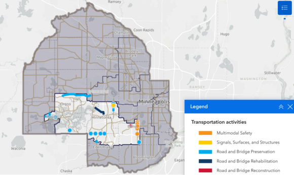 Map showing all of Hennepin County's transportation projects in District 6. 