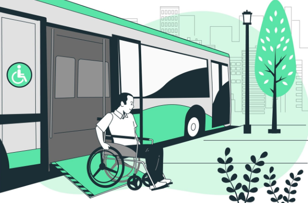 Graphic showing a person in a wheelchair getting off a bus.