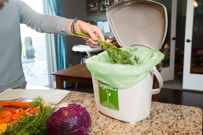 Countertop organics recycling bin with vegetables