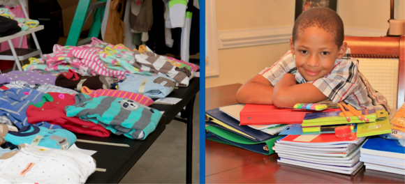 Two images: clothes folded on a table at a rummage sale; child smiling while leaning on a pile of school supplies