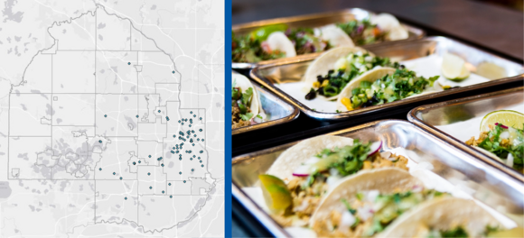 Map of businesses and reusable trays of tacos