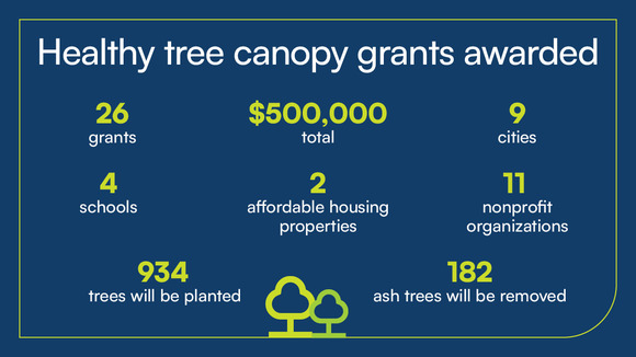 26 Healthy Tree Canopy grants totaling $500,000. 9 cities, two affordable housing properties, 4 schools, 11 nonprofits