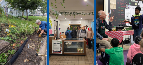 Collage of three photos: person in a garden, people at Green Garden bakery, and someone teaching about cooking to youth