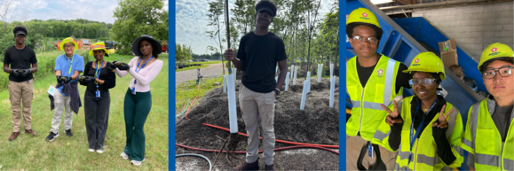 Collage of interns planting trees, in hard hats, and doing field work