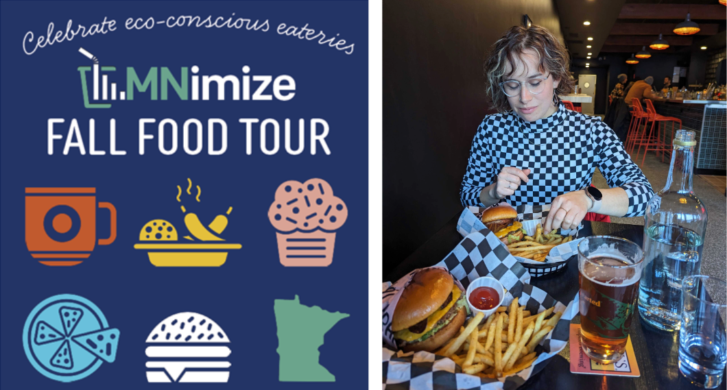 Celebrate eco-conscious eateries. MNimize fall food tour. Photo of person eating a burger in a reusable basket.