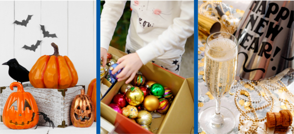 Halloween, Christmas, and New Years decor