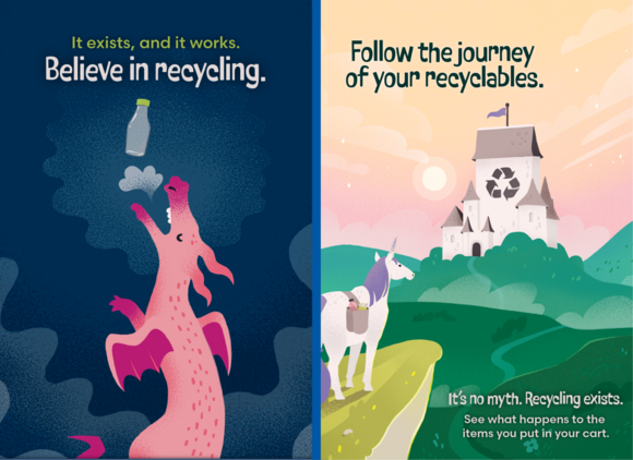 Illustration of dragon with plastic and bottle and unicorn with recycling castle explaining Recycling Exists