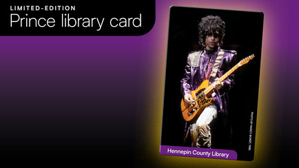 A graphic showing a Prince library card; it has a purple background and photo of Prince playing a guitar from "Purple Rain."