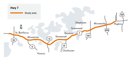 A map showing the study area of Hwy 7 in District 6, spanning from Hopkins to St. Bonifacius.
