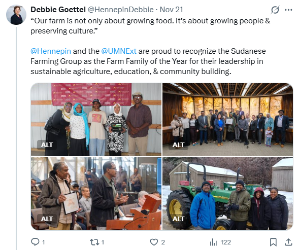 Screenshot of tweet regarding the Sudanese Farming Group. 