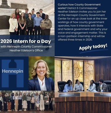 Intern for a Day graphic with Cmsr. Edelson and photos of her with students.