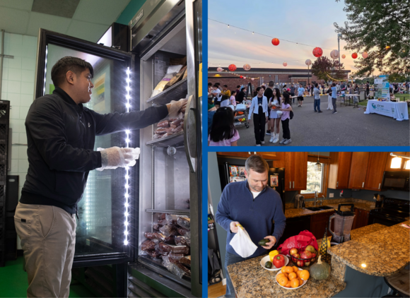 Person putting food in freezer, community celebration, packing food in kitchen