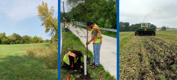 Collage of protect field and forest, people planting tree, tractor on field