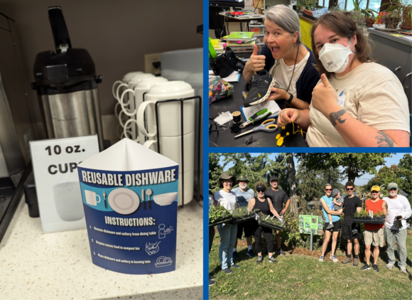 Collage of grantee photos, business waste prevention reusable cups, two people mending, group planting