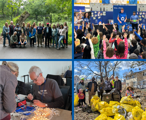 Collage with group at EE network meeting, school assembly, group with bags of litter, Fix-It Clinic volunteer