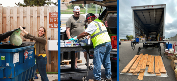 Collage of organics drop-off, hazardous waste collection event, and building material donation event