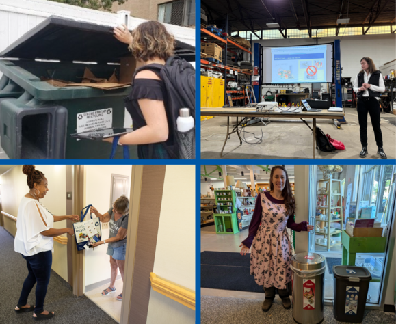 Collage of person inspection dumpster, giving presentation at business, handing out supplies at apartment, labeling bins