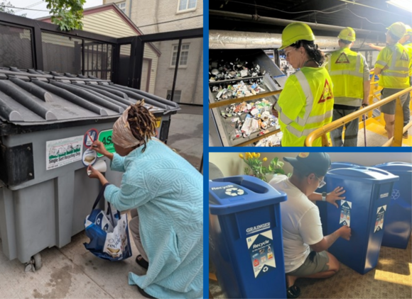 Collage of Apartment Recycling Champions labeling bins and dumpsters, touring recycling facility