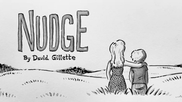 Illustration of two people sitting on a grassy hill with title Nudge by David Gillette