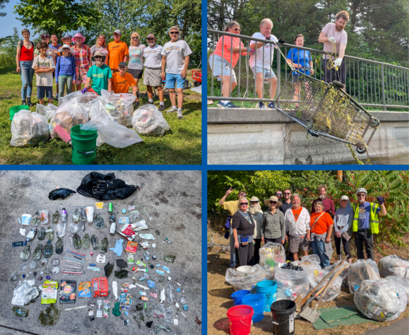 Photos of neighbors cleaning up, pulling shopping cart out of lake, and assortment of materials collected