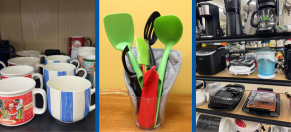 Photo of coffee mugs, cooking utensils, and small kitchen appliances