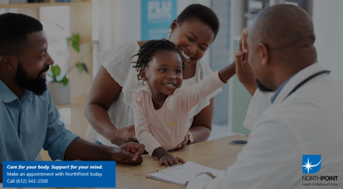 A graphic with a smiling mother and child, the child is high-fiving a doctor, with the NorthPoint logo.