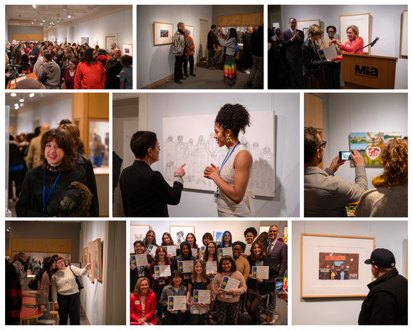 Collage of photos taken at the art contest. Includes participants receiving awards, admiring work, and smiling at the camera.