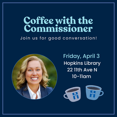 Graphic showing a photo of Heather smiling with details regarding Coffee with the Commissioner