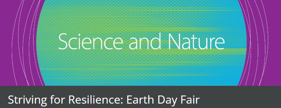 Graphic with the Earth Day event title; it has rings and green, purple, and blue colors.