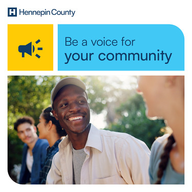 Man in a baseball cap smiles off camera under text saying "Be a voice for your community"
