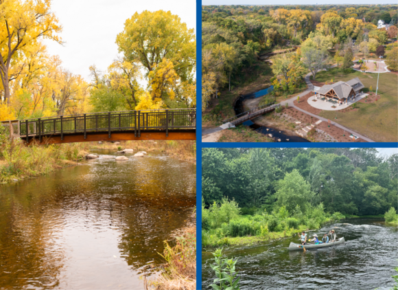 Collage of three views of the park: bridge over river, people canoeing river, and drone view of the main building and bridge