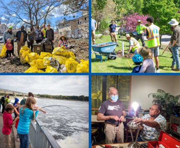 Four photos showing people cleaning up, planting trees, fishing, and repairing