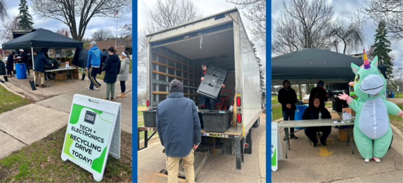 Donation event collage showing people walking up to a tent with flat panel tvs, and loading a truck with the collected items
