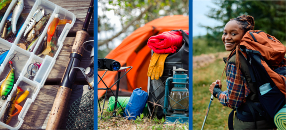 collage of outdoor gear including tents and backpacks