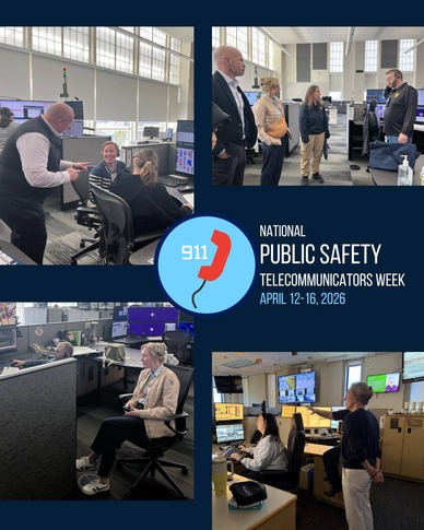 A collage of Heather with 911 dispatchers, sitting and listening to calls, with a 911 graphic in the center.