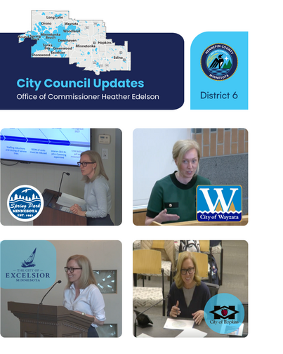 A collage of all city council meetings in April; Heather stands at podiums and speaks in 4 photos. There is a photo of the district in the upper left.