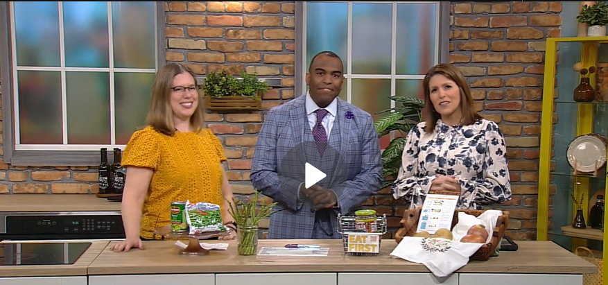 Screenshot of WCCO interview with Jenny Kedward talking to hosts with example of food waste prevention tools