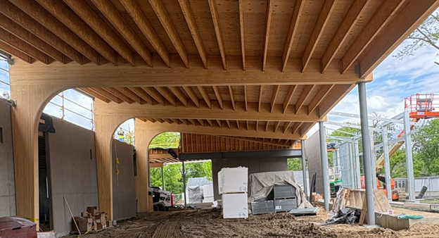 Looking from the service desk area eastward the clerestory above the shear wall at Westonka Library