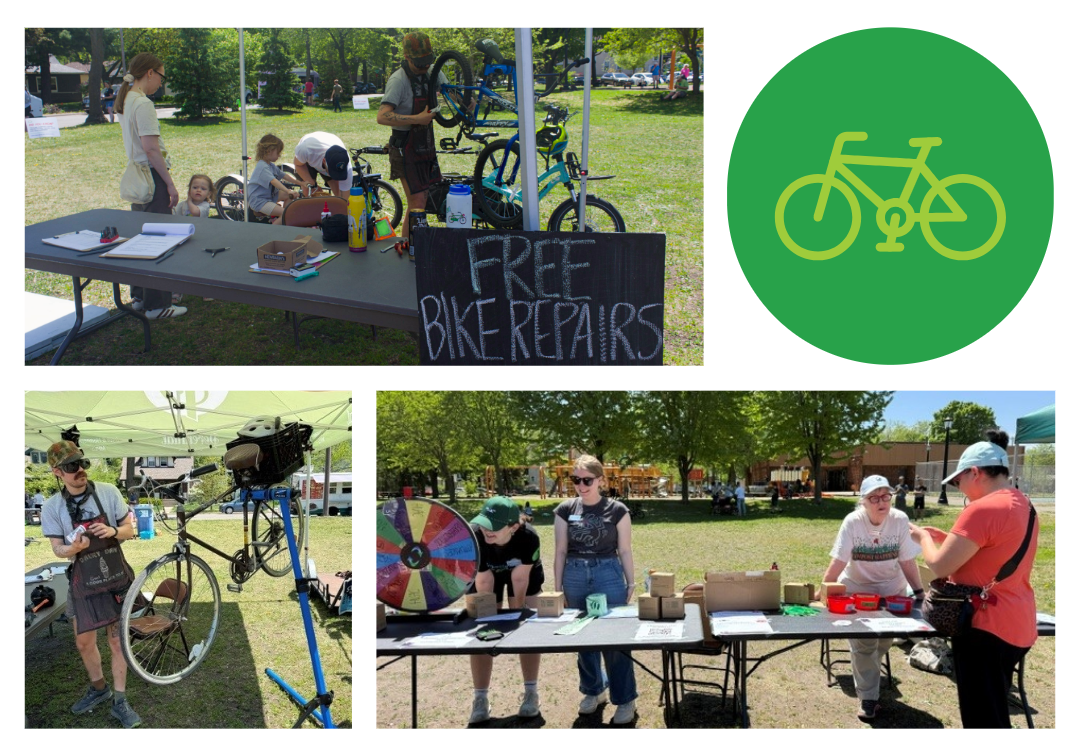 collage of event photos showing a table at an event with a sign saying free bike repairs, a bike being repaired, and a table with a spinning wheel