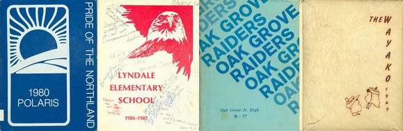 Four yearbook covers from Hennepin County from the 1940s, 1970s, and 1980s