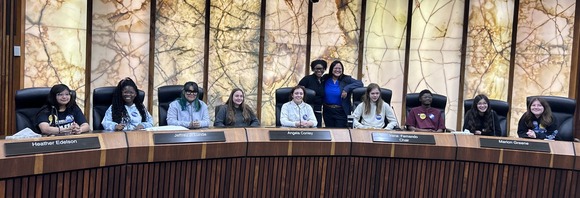 Youth behind board room desk in the government center