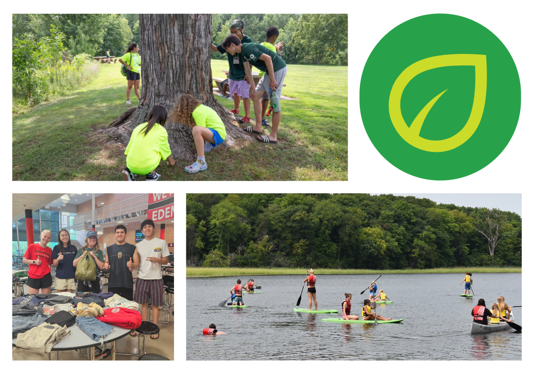 collage showing people learning about trees, hosting a swap event, and paddling on a lake